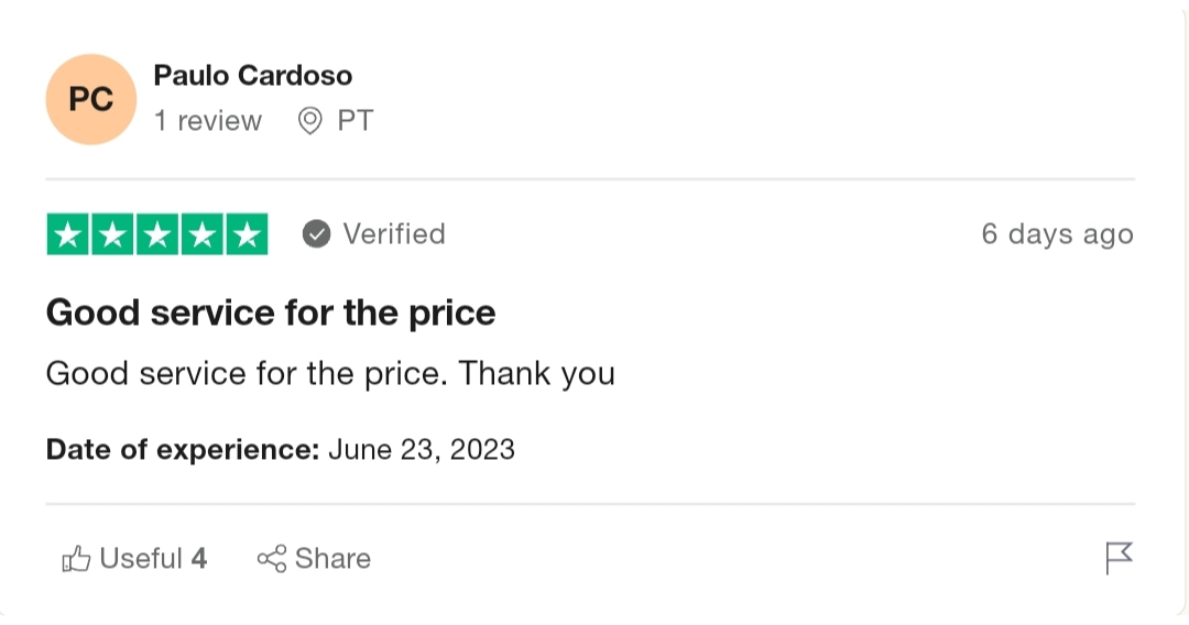 A Trustpilot iptv reviews from Paulo Cardoso with a profile picture displaying the initials "PC" and a location pin marked "PT." The review, marked as verified, reads "Good IPTV service for the price. Thank you." The date of experience is June 23, 2023.